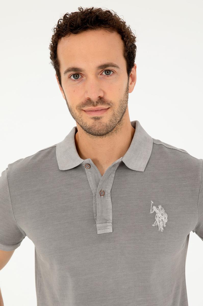 Erkek Slim Fit Polo Yaka Koyu Gri Basic Tişört