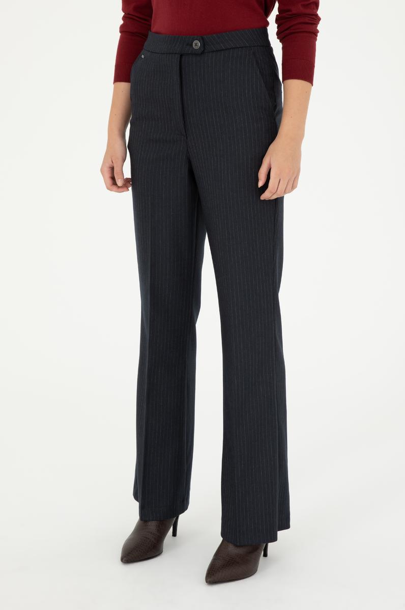 Kadın Lacivert Çizgili Slim Flare Fit Kanvas Pantolon
