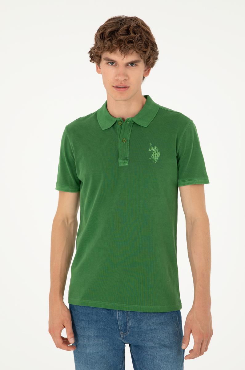 Erkek Slim Fit Polo Yaka Yeşil Basic Tişört
