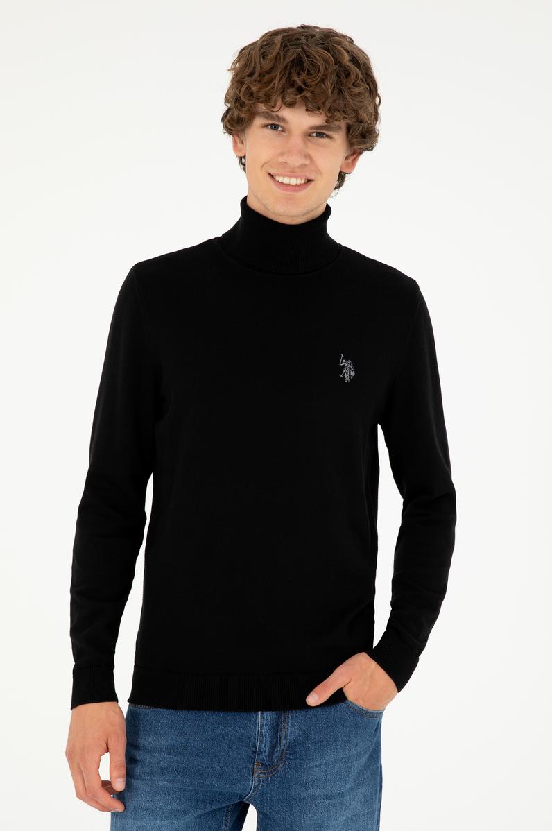 Erkek Slim Fit Boğazlı Yaka Siyah Basic Kazak