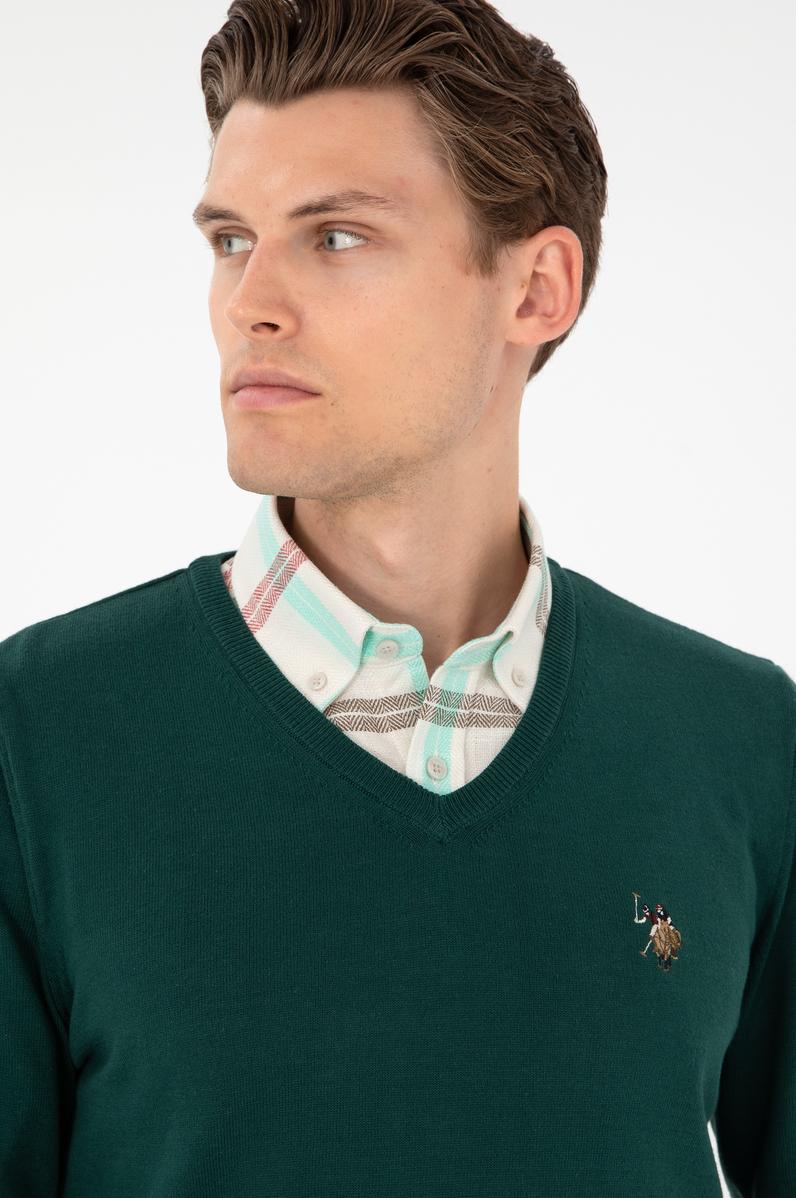 Erkek Slim Fit V Yaka Yeşil Basic Kazak