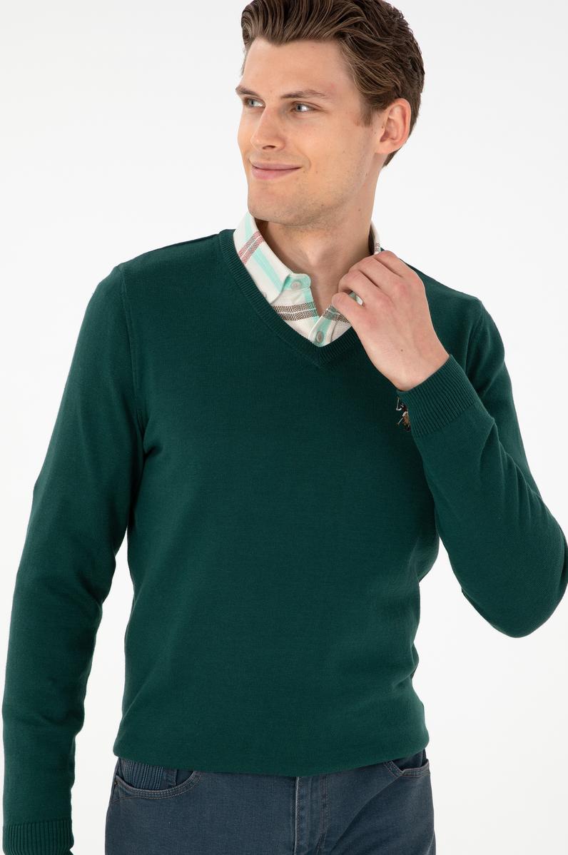 Erkek Slim Fit V Yaka Yeşil Basic Kazak