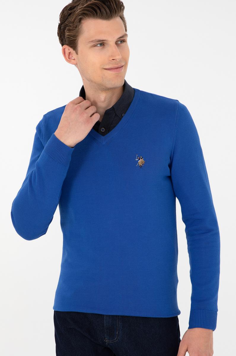 Erkek Slim Fit V Yaka Saks Basic Kazak