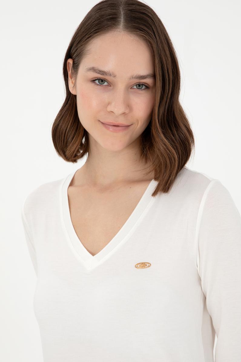 Kadın Krem V Yaka Sweatshirt