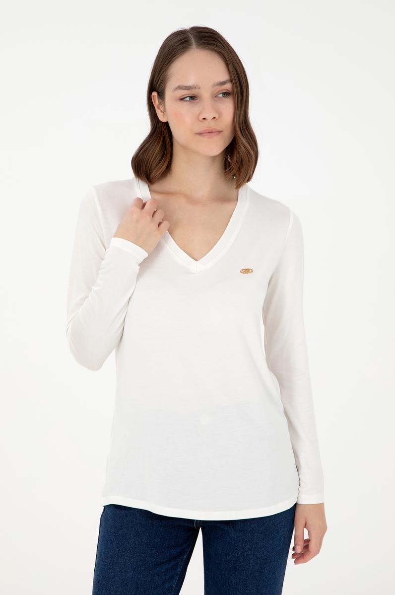 Kadın Krem V Yaka Sweatshirt