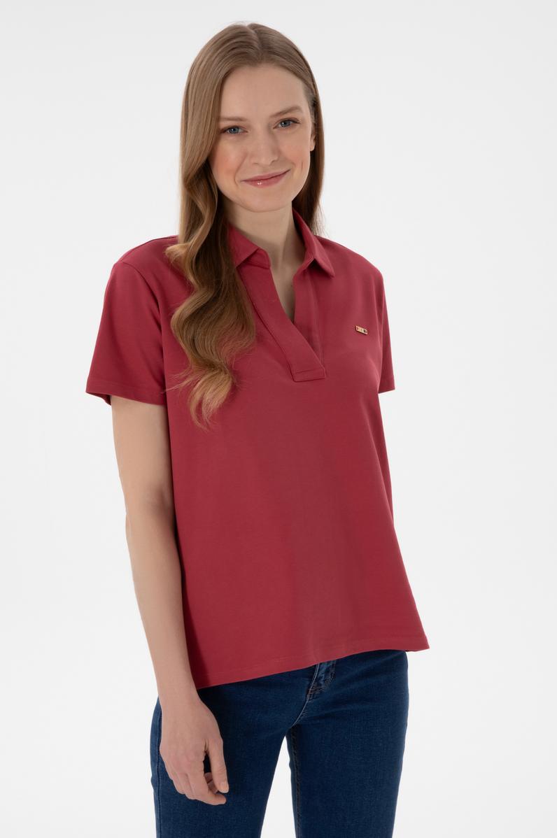 Kadın Vişne Basic Polo Yaka Tişört
