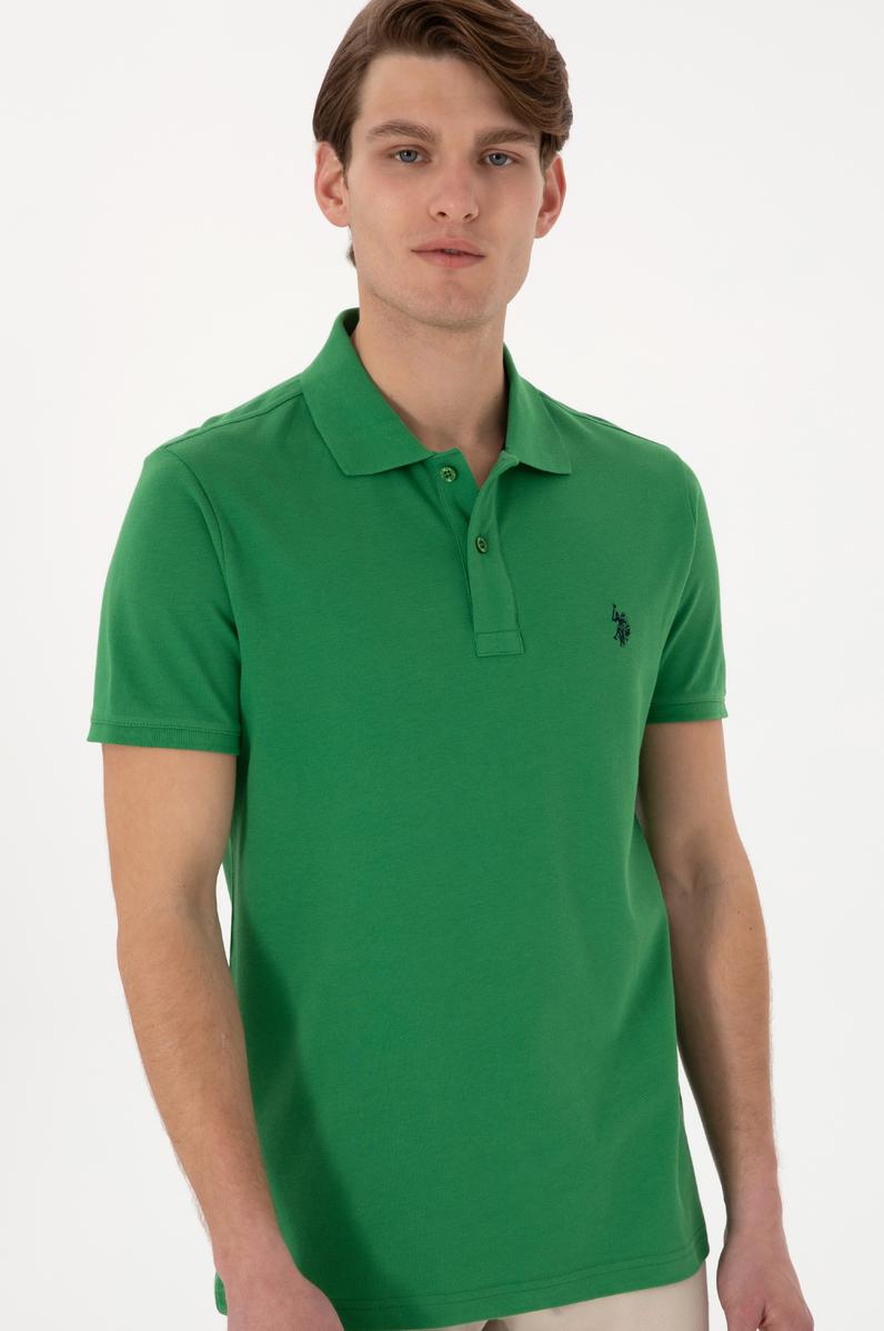 Erkek Slim Fit Polo Yaka Yeşil Basic Tişört