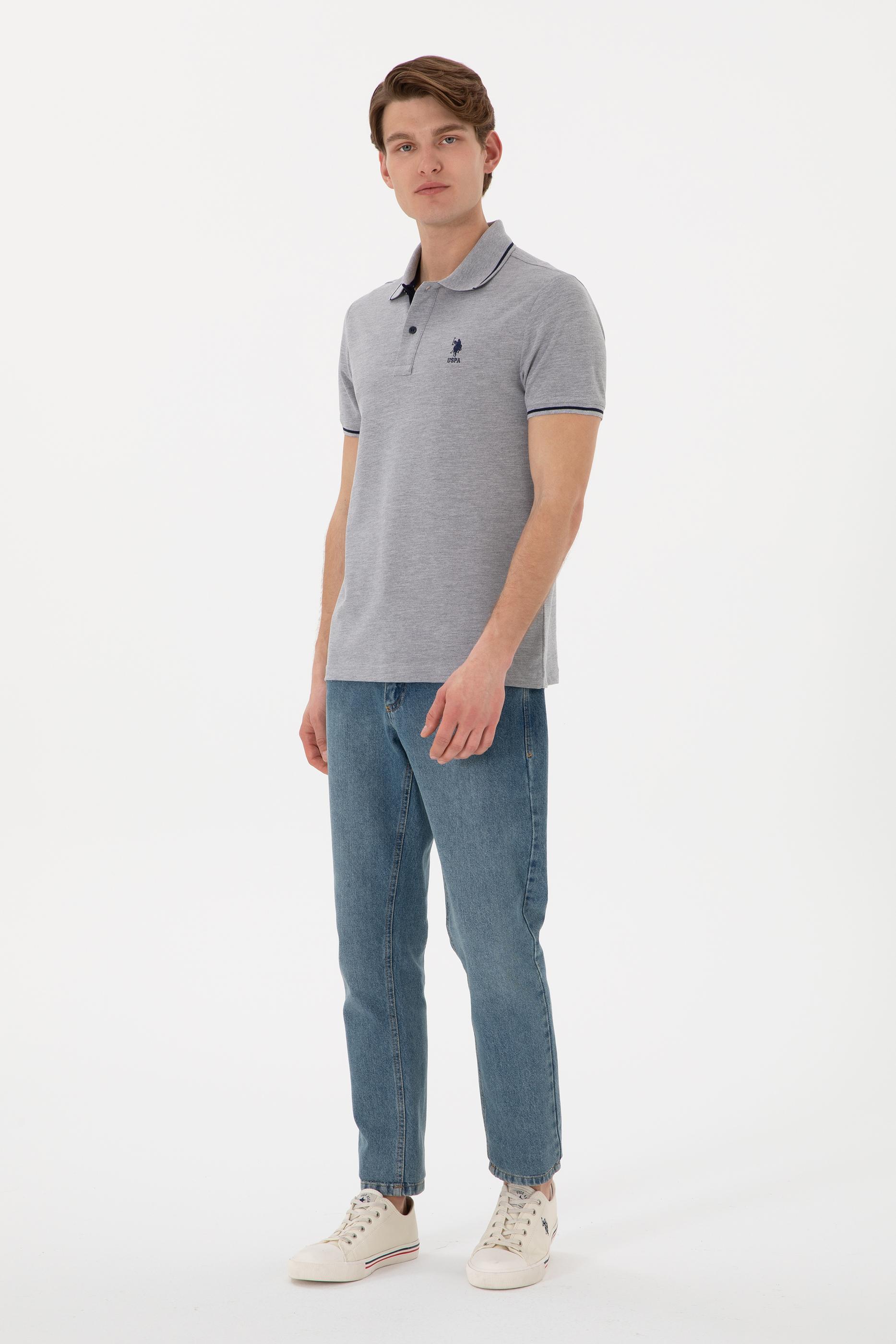 Erkek Slim Fit Polo Yaka Gri Melanj Basic Tişört