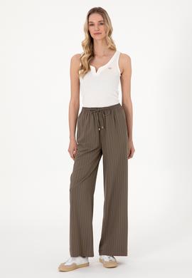 Kadın Vizon Çizgili Loose Relax Fit Kanvas Pantolon