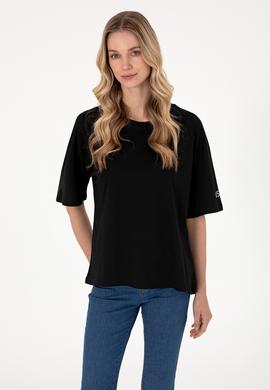 Kadın Siyah Oversize Bisiklet Yaka Tişört