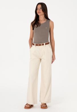 Kadın Ekru Loose Fit Kanvas Pantolon