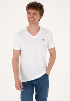 Erkek Slim Fit V Yaka Beyaz Basic Tişört