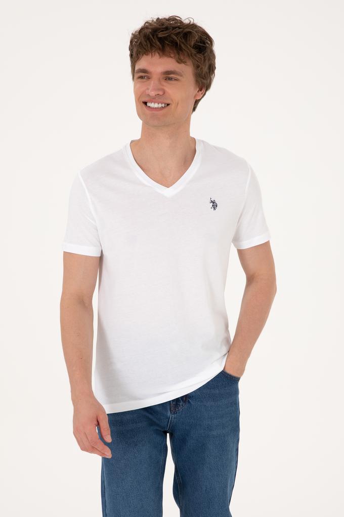 Erkek Slim Fit V Yaka Beyaz Basic Tişört