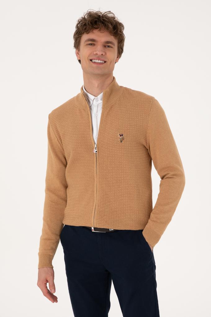 Erkek Camel Melanj Basic Triko Hırka