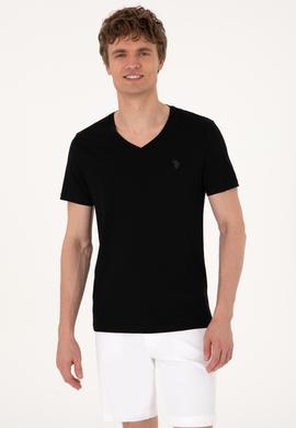 Erkek Slim Fit V Yaka Siyah Basic Tişört