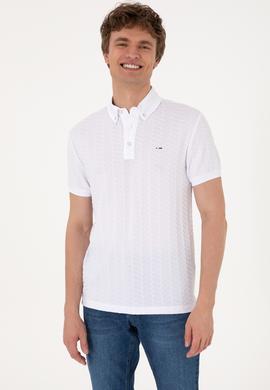 Erkek Slim Fit Polo Yaka Beyaz Dokulu Tişört