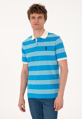 Erkek Regular Fit Polo Yaka Turkuaz Çizgili Tişört