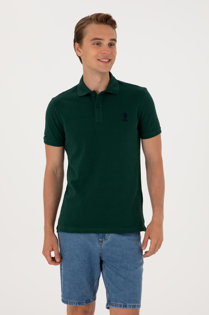 Erkek Slim Fit Polo Yaka Koyu Yeşil Basic Tişört