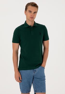 Erkek Slim Fit Polo Yaka Koyu Yeşil Basic Tişört