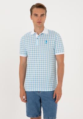 Erkek Regular Fit Polo Yaka Turkuaz Desenli Tişört